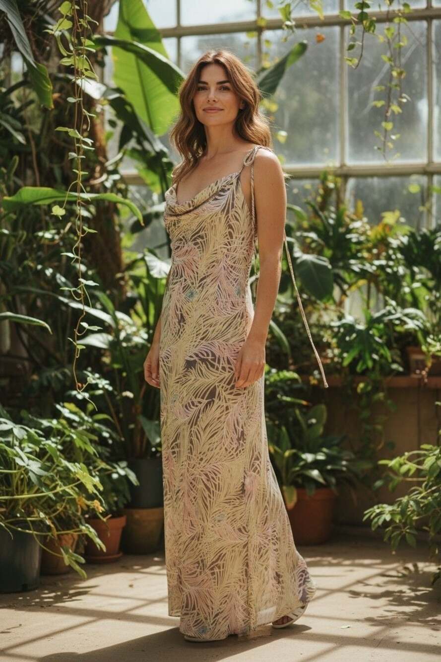 Fumblin' Foe Women's Cowl Neck Palm Leaf Print Maxi Dress